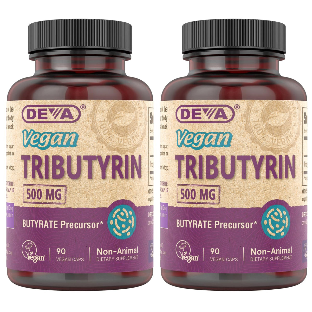DEVA frasco de tributyrin frente mostrando etiqueta y beneficio vegano