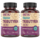 DEVA frasco de tributyrin frente mostrando etiqueta y beneficio vegano