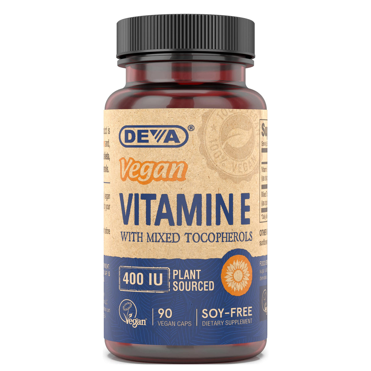 DEVA envase frontal mostrando vitamina E 400 IU, presentación clara y vegana