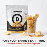Devotion Nutrition batido cremoso servido en vaso, proteína sabrosa