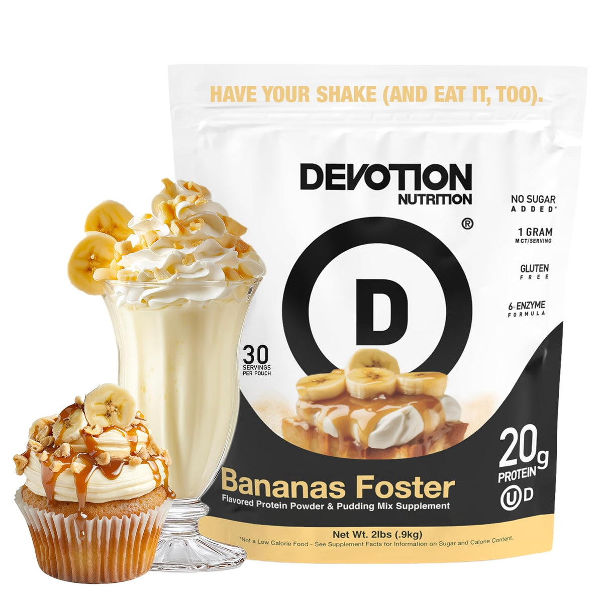 Devotion Nutrition frasco frontal mostrando etiqueta y sabor Bananas Foster