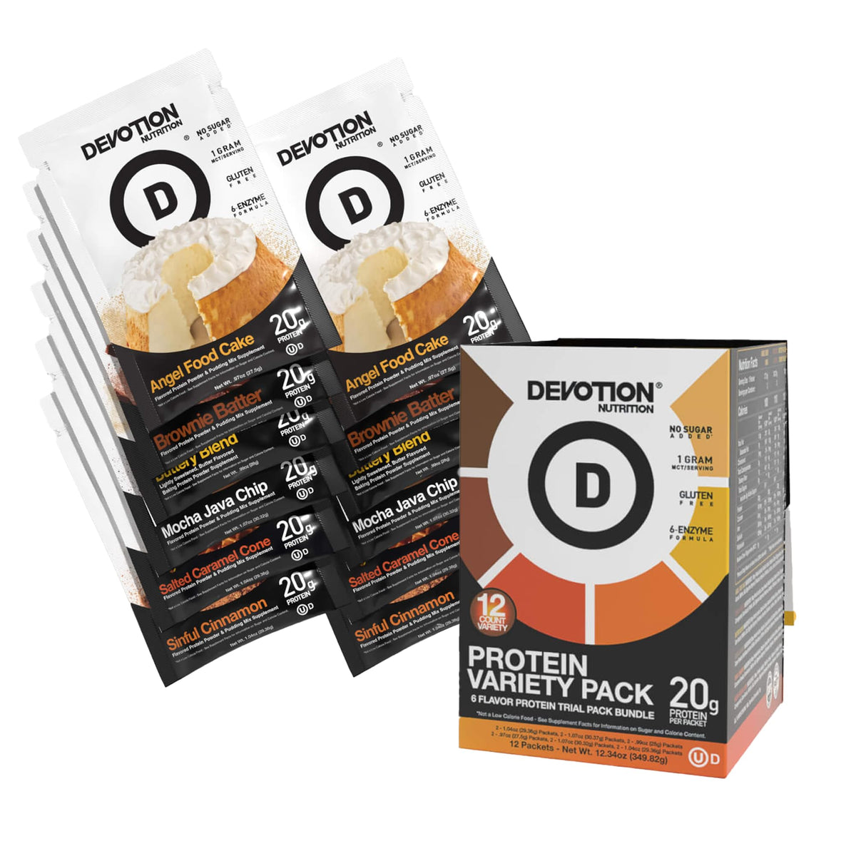 Devotion Nutrition frente del empaque mostrando 12 sobres y variedad de sabores