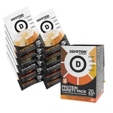 Devotion Nutrition frente del empaque mostrando 12 sobres y variedad de sabores