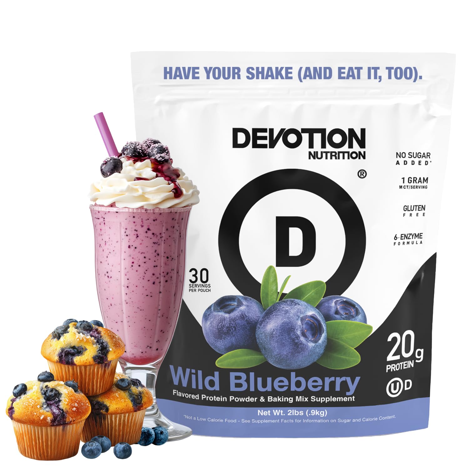 Devotion Nutrition envase frontal wild blueberry mostrando la marca y beneficio proteico