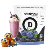 Devotion Nutrition envase frontal wild blueberry mostrando la marca y beneficio proteico