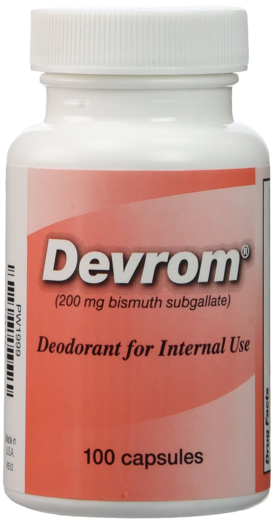Devrom frasco de 100 cápsulas mostrado frontalmente, solución discreta para ostomía
