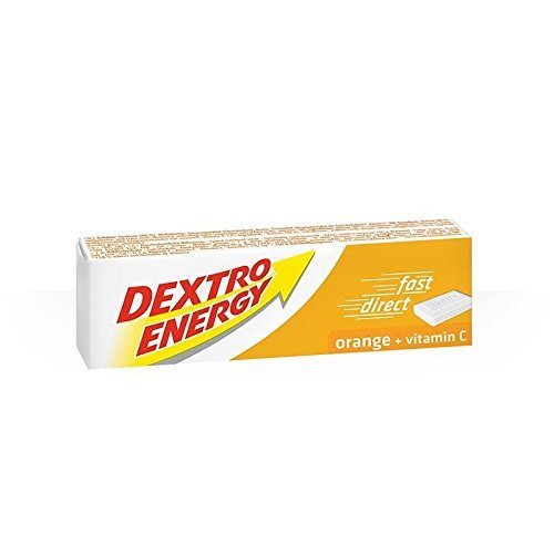 Dextro envase frontal de tabletas sabor naranja, práctico y portable