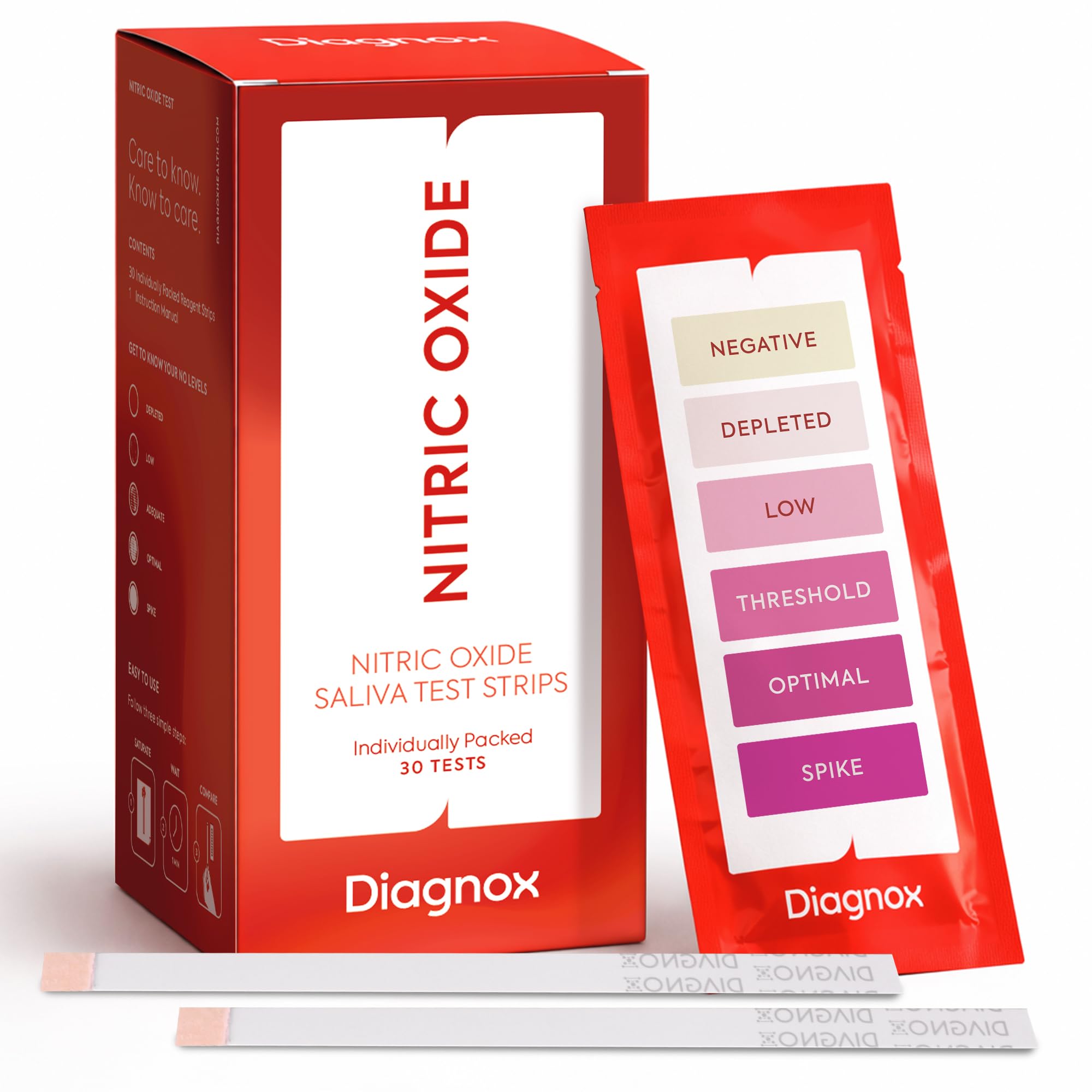 Diagnox HEALTH empaque frontal mostrando 30 pruebas y instrucciones claras