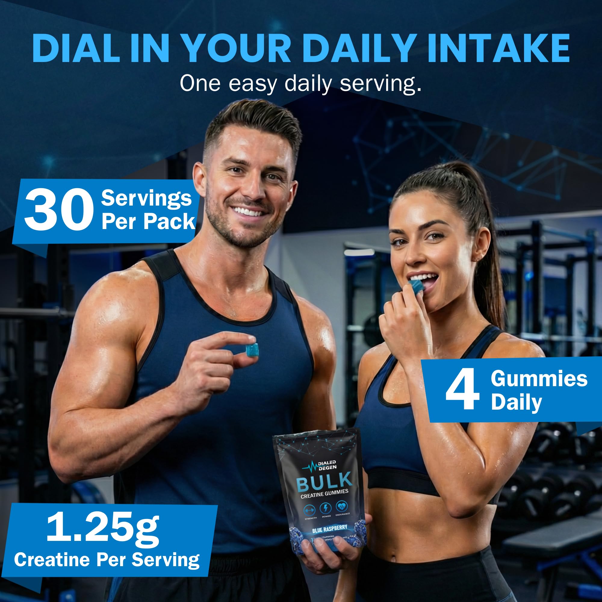 Dialed Degen atleta masticando gomita en gimnasio mostrando comodidad durante rutina