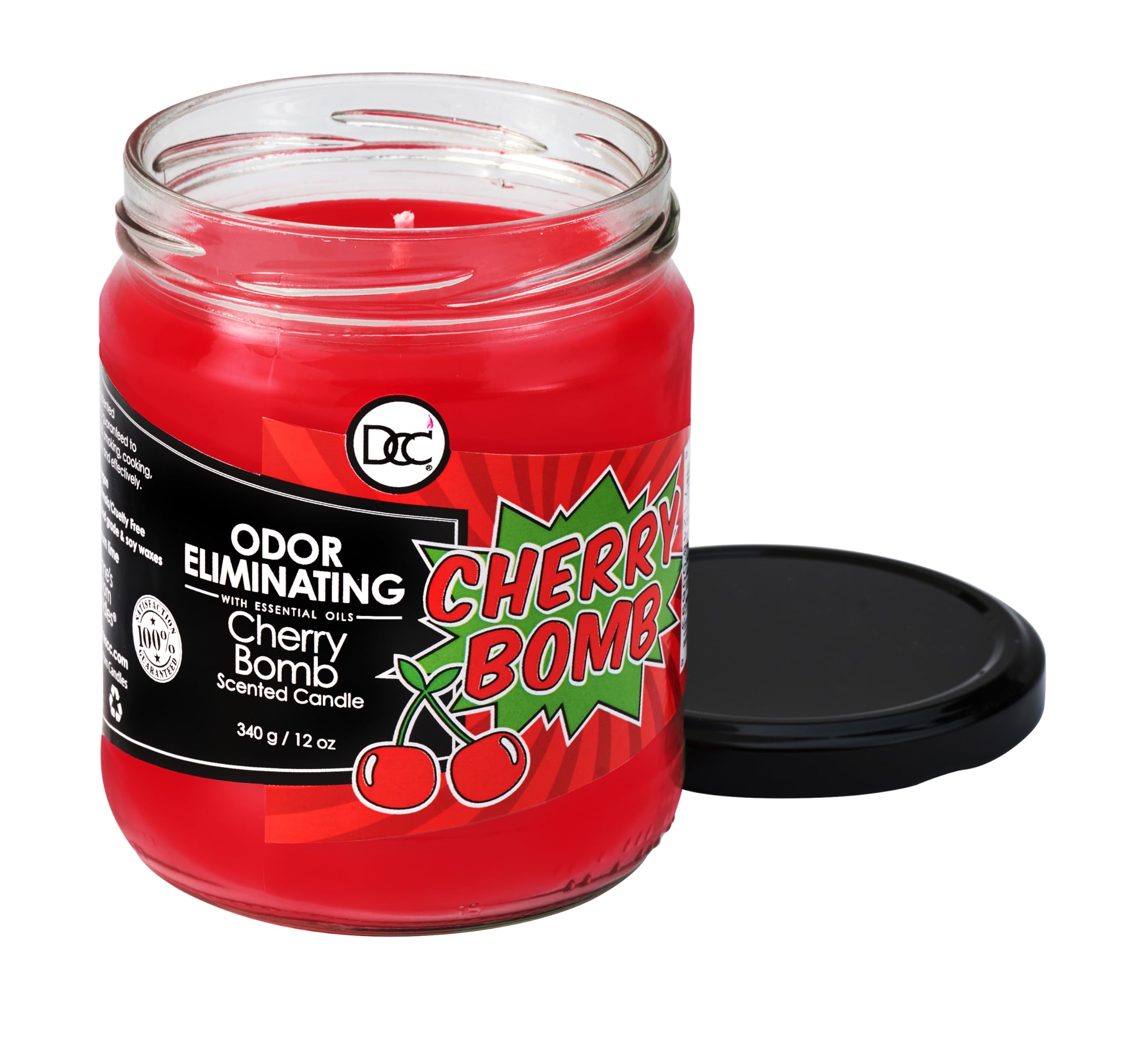 Dianne's Custom Candles detalle de etiqueta Cherry Bomb que muestra ingredientes y calidad