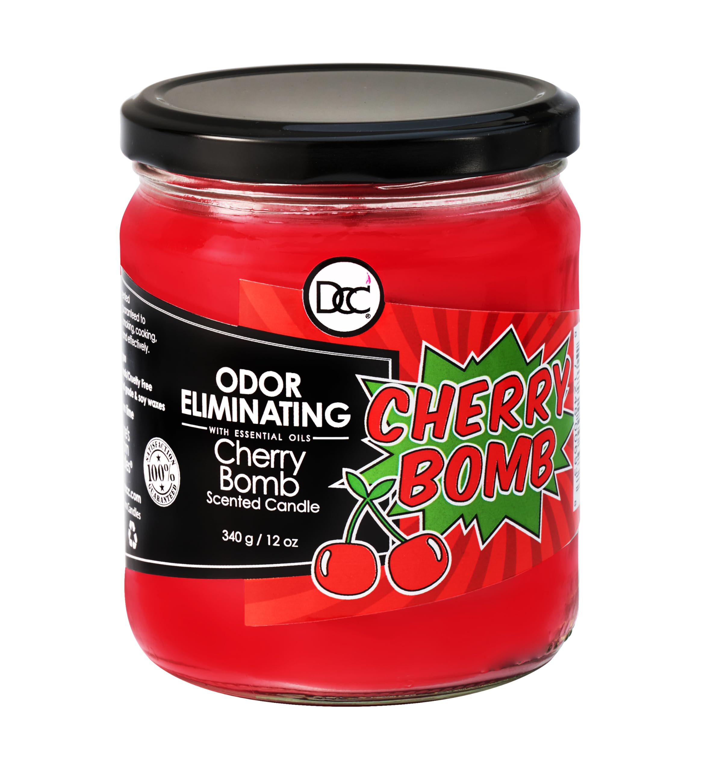 Dianne's Custom Candles vista frontal de Cherry Bomb con frasco elegante y aroma eficaz