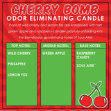 Dianne's Custom Candles vela Cherry Bomb encendida en sala renovando olores y ambiente