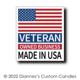 Dianne's Custom Candles etiqueta con ingredientes y certificaciones para mayor confianza