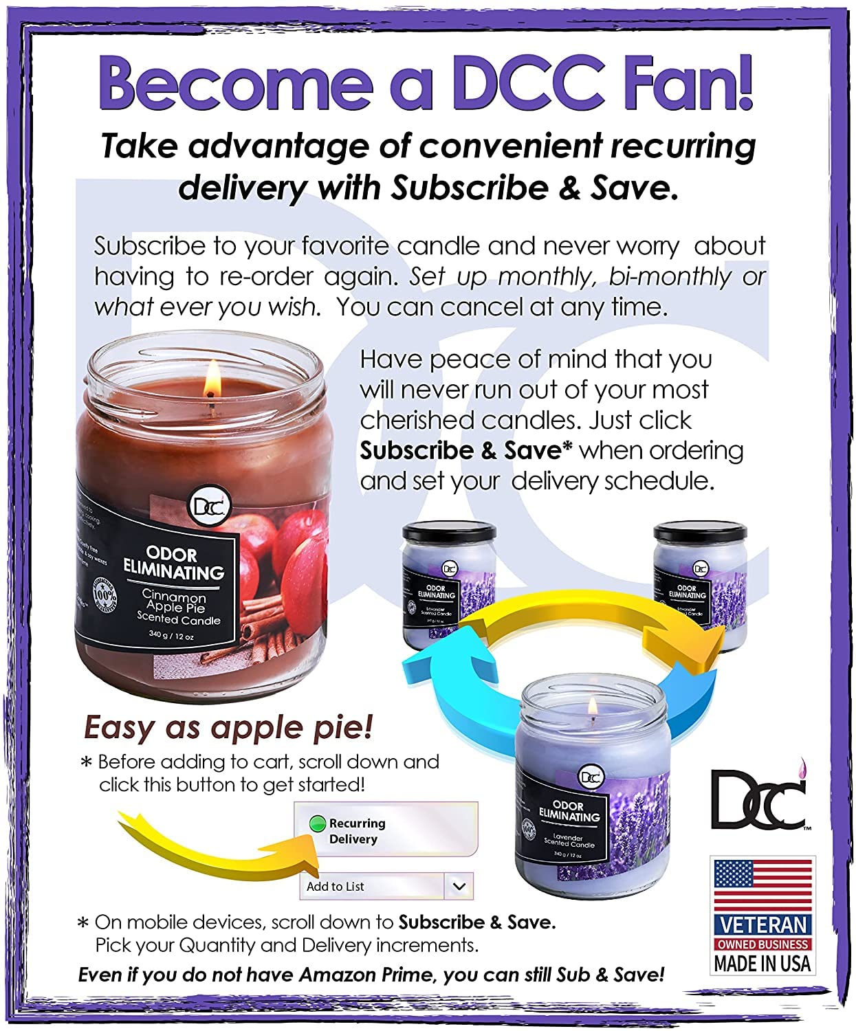Dianne's Custom Candles con mano para escala, beneficio tamaño de 12 oz y larga duración