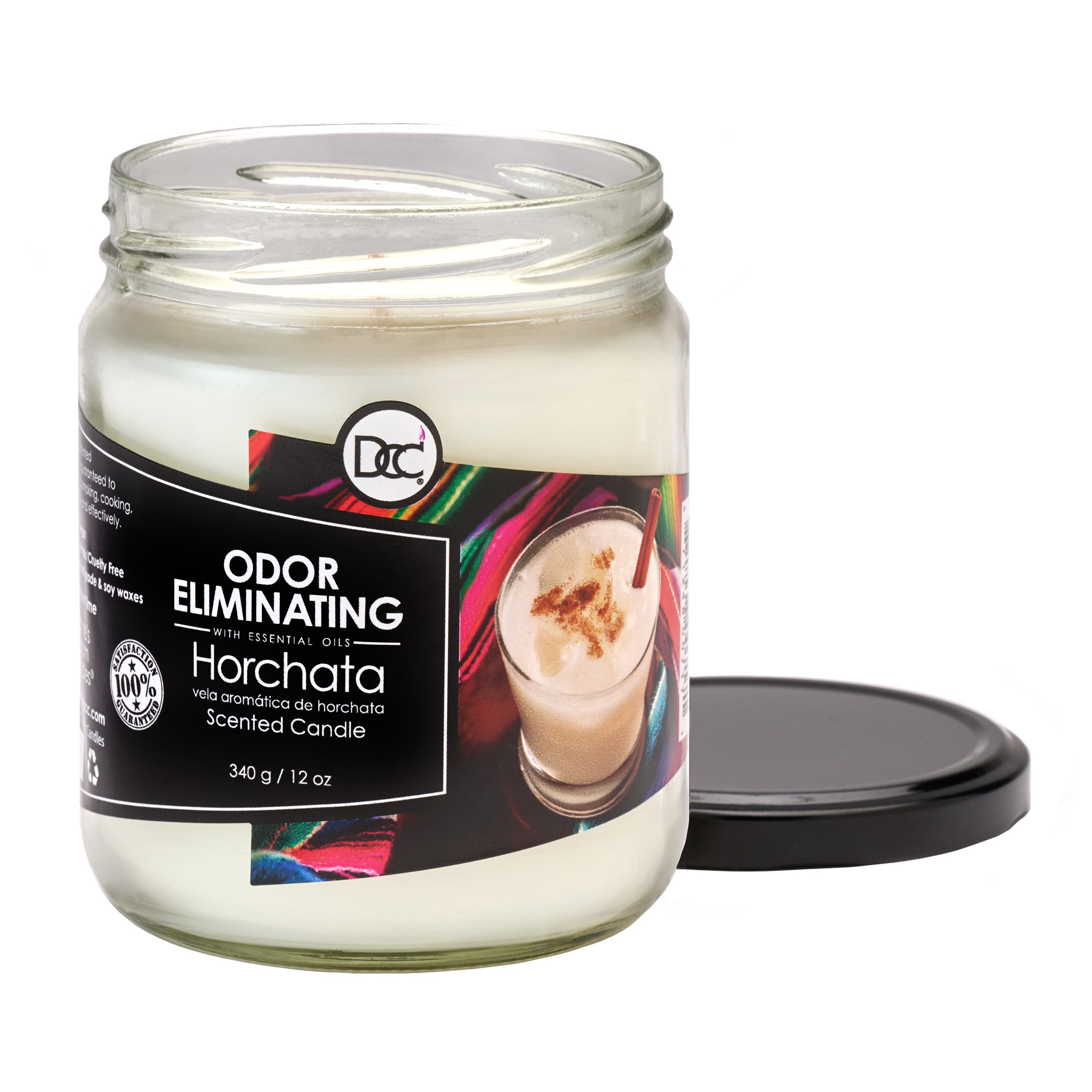 Dianne's Custom Candles detalle de la etiqueta que destaca ingredientes y tecnología eliminadora de olores