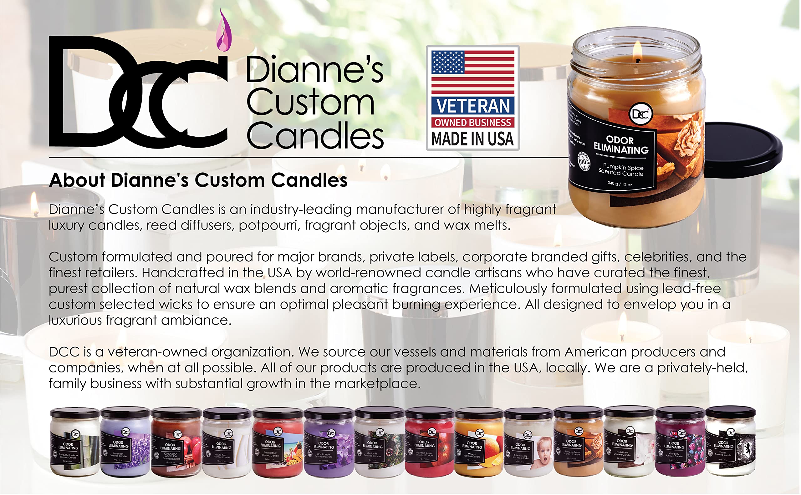 Dianne's Custom Candles etiqueta con certificaciones y beneficios de seguridad