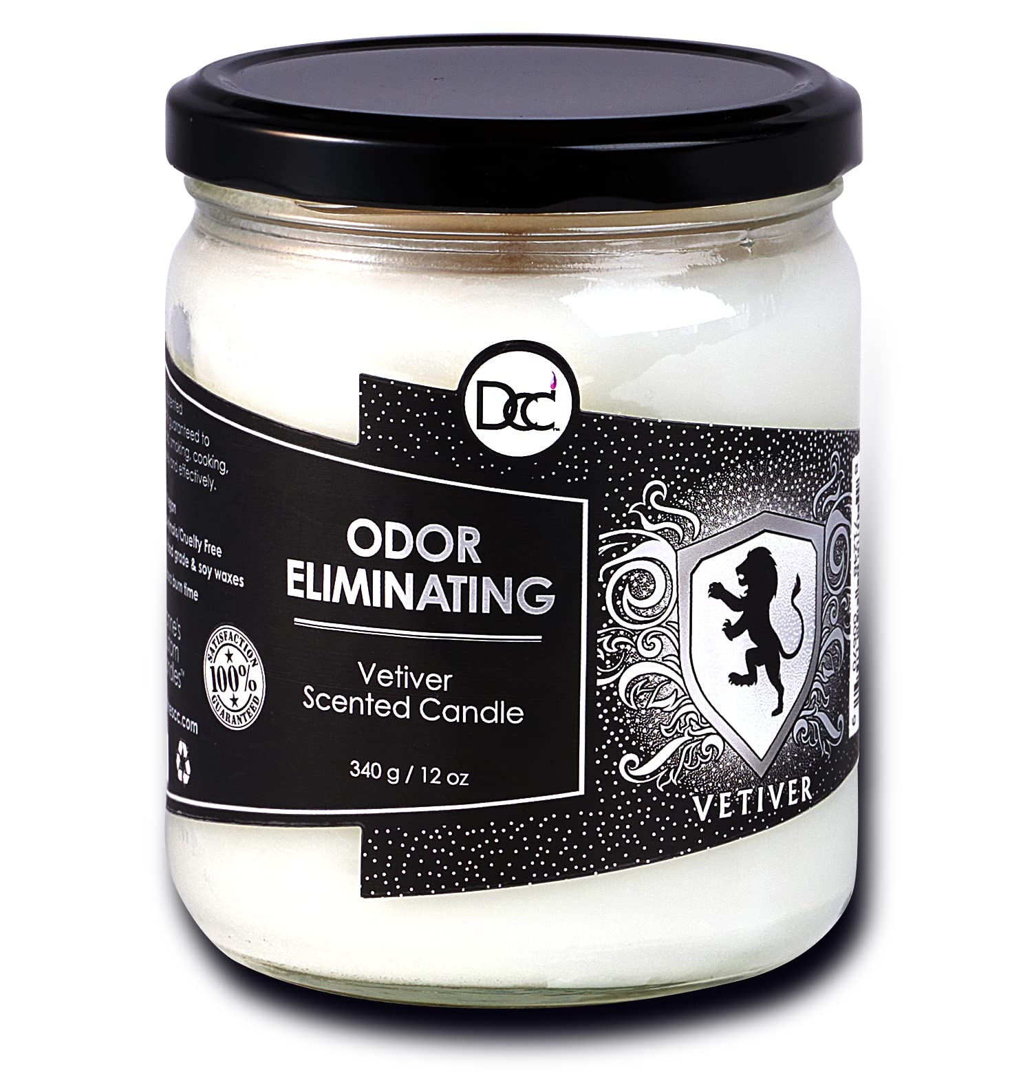 Dianne's Custom Candles vista frontal del tarro mostrando diseño y fragancia vetiver