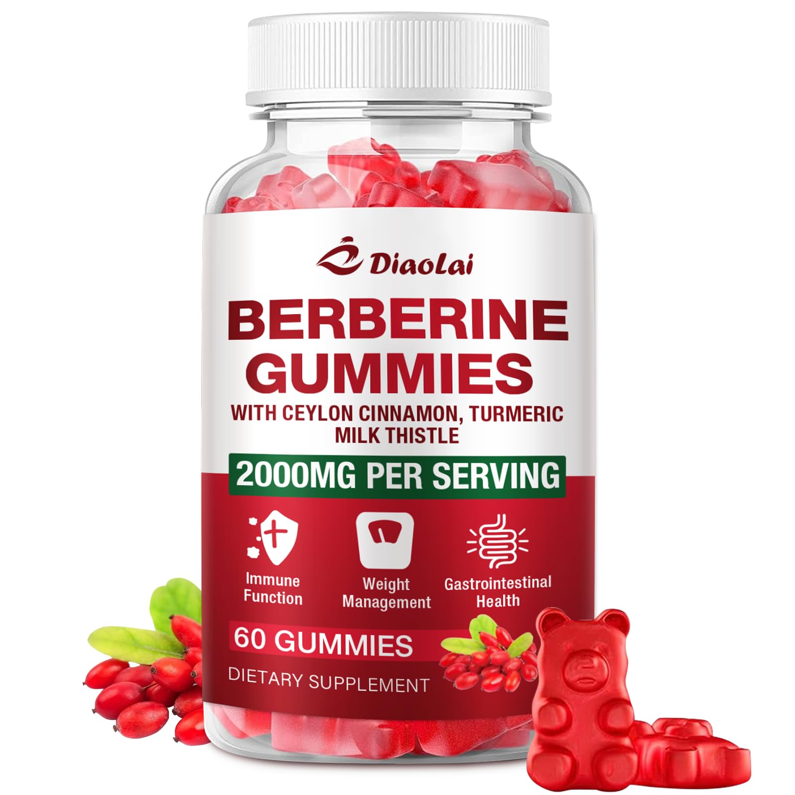 DIAOLAI frasco frontal de Berberine Gummies mostrando presentación y sabor frambuesa