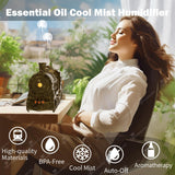 Diffuserlove primer plano del vapor frío visible, difusión homogénea y silenciosa