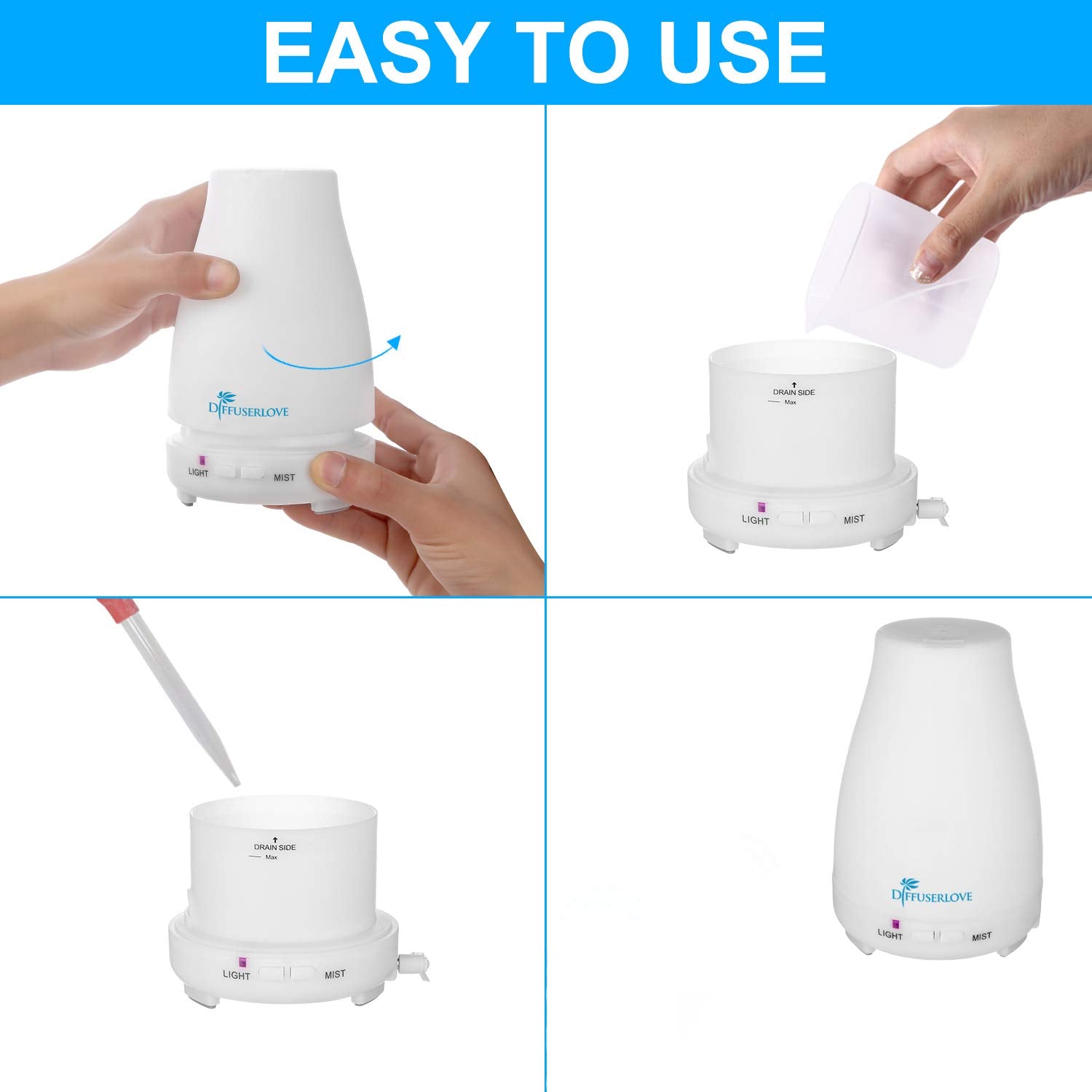 Diffuserlove etiqueta con instrucciones visibles, facilita uso y mantenimiento