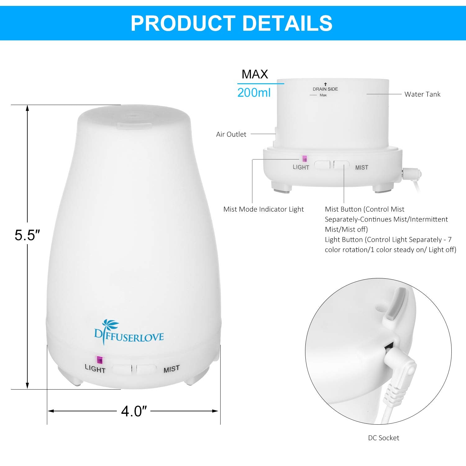 Diffuserlove interior del depósito 200 ml para mayor tiempo de niebla