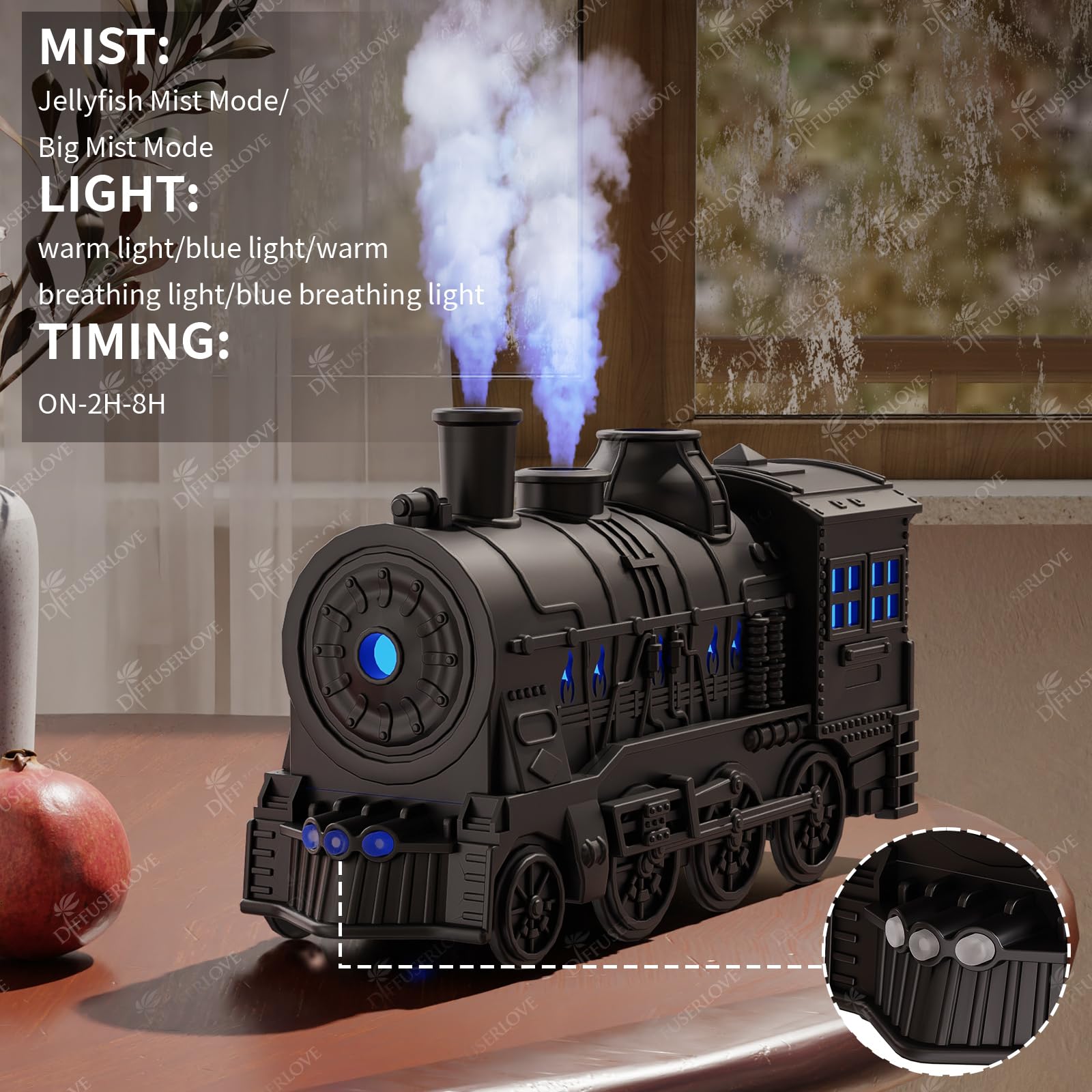 Diffuserlove en uso nocturno con luz cálida creando ambiente relajante