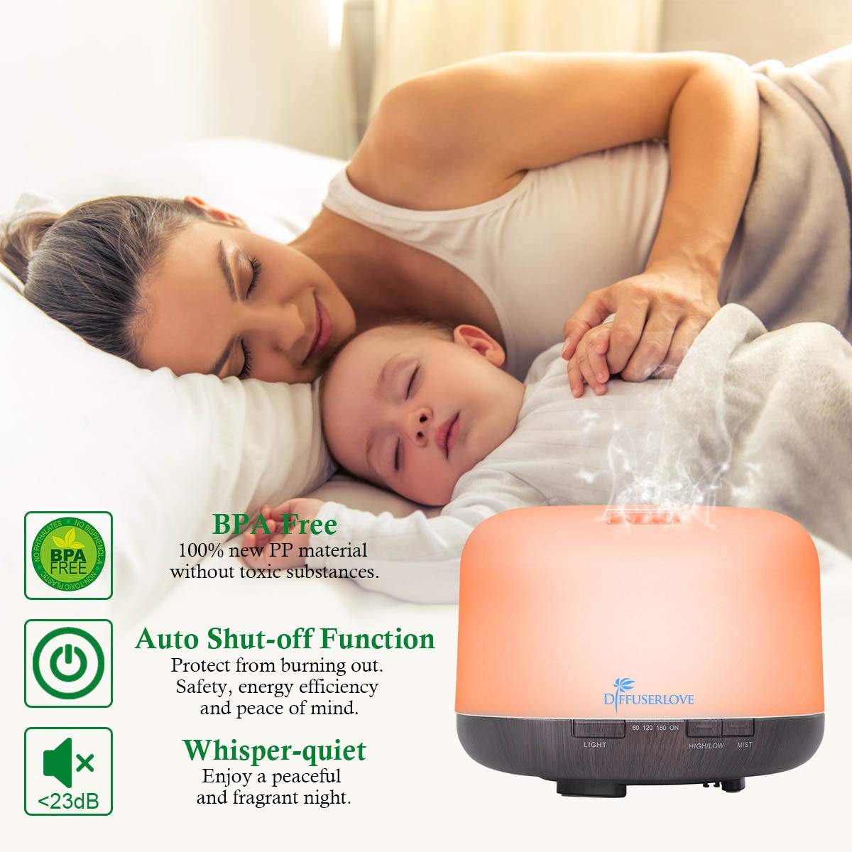 Diffuserlove en dormitorio junto a cama, ambiente calmado y propicio para dormir