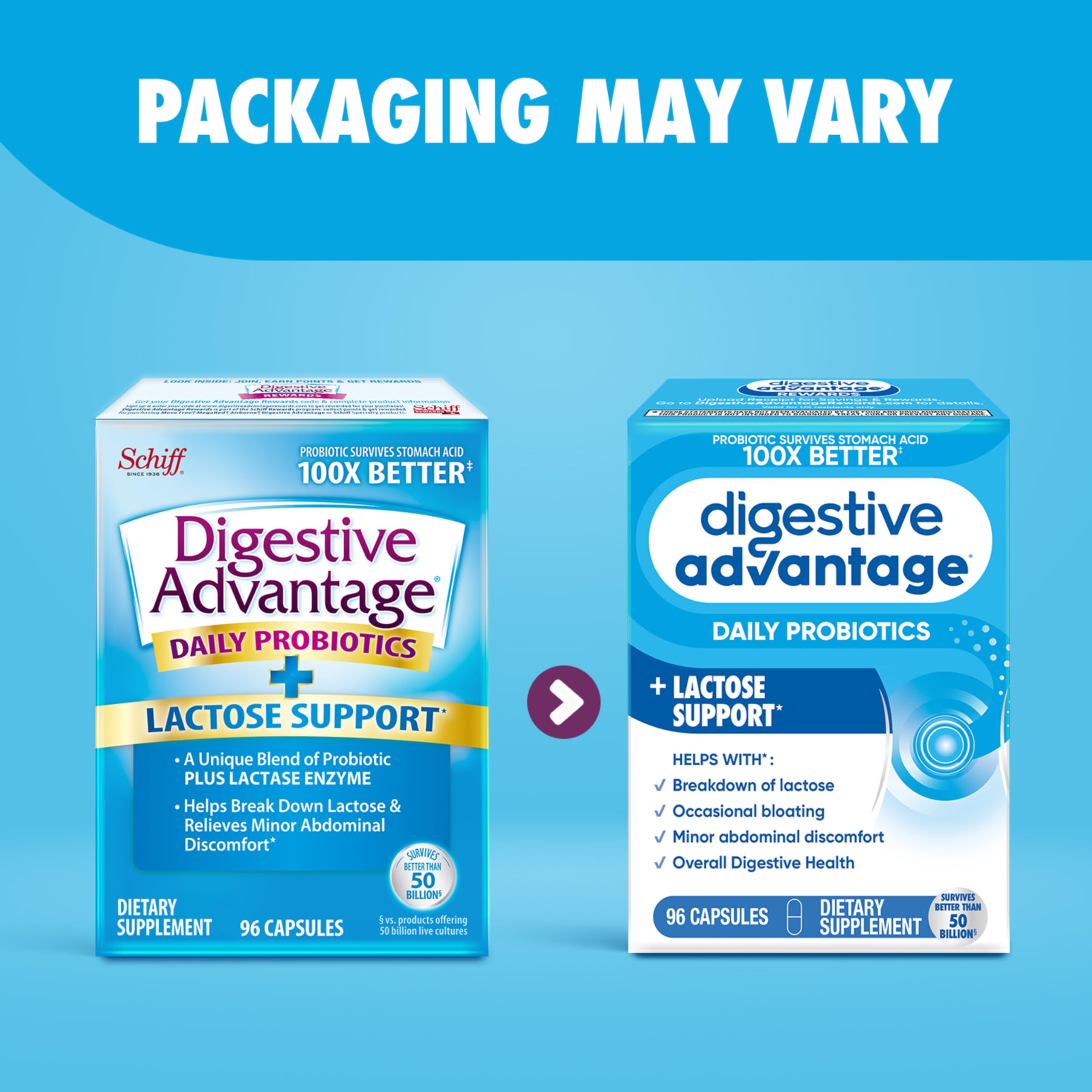 Digestive Advantage botella abierta con cápsulas listos para uso diario