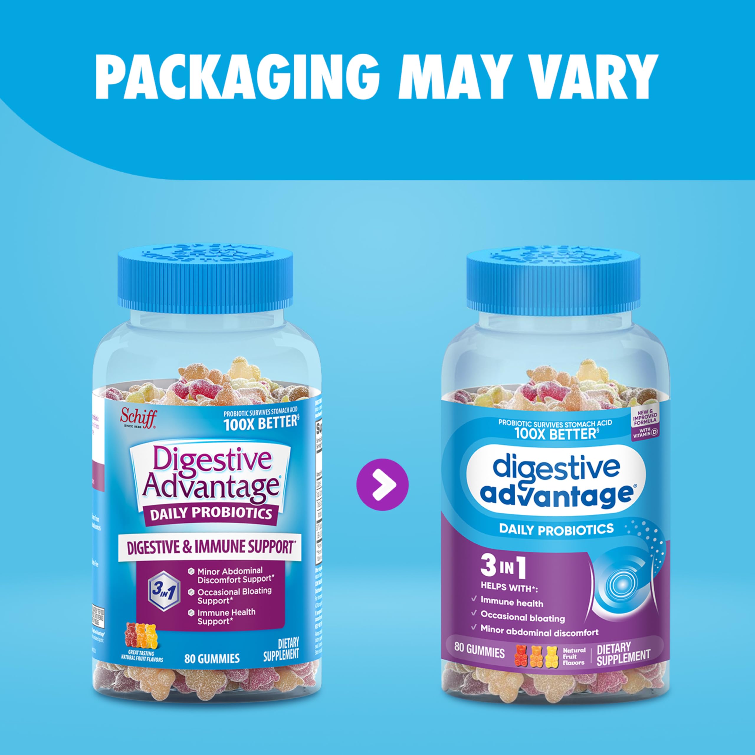 Digestive Advantage caja abierta con gomitas visibles y envase interior