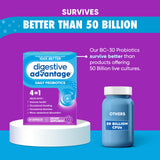 Mano sosteniendo cápsulas Digestive Advantage para ver tamaño y escala