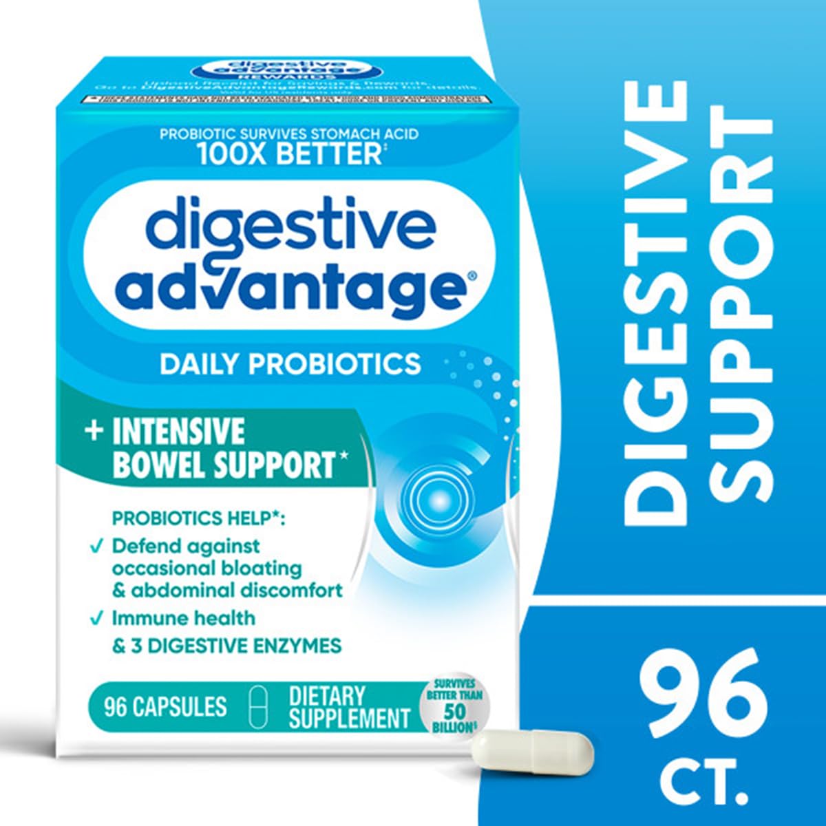 Digestive Advantage cápsulas en la mano para mostrar dosis fácil