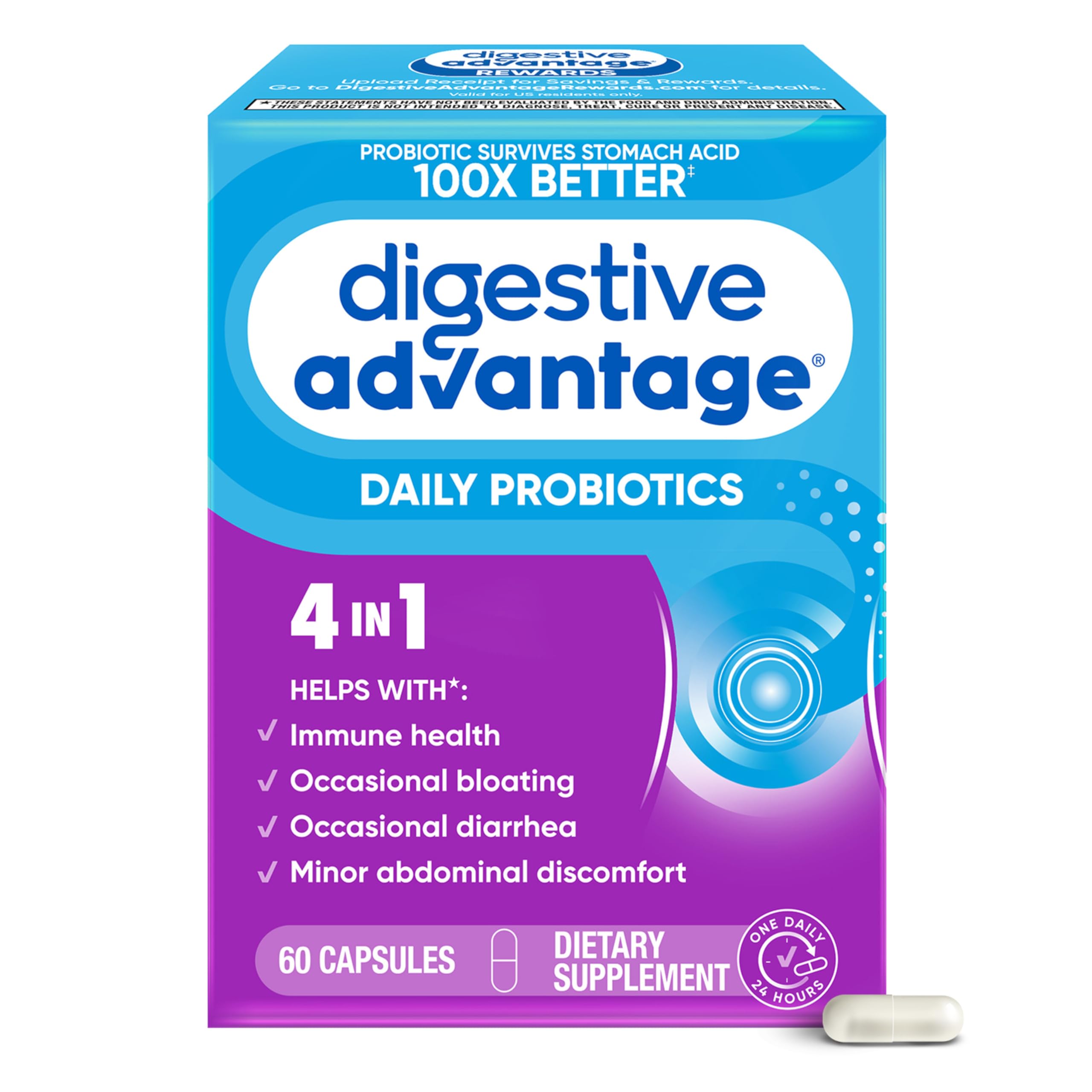 Digestive Advantage frente del empaque mostrando información clave y beneficios
