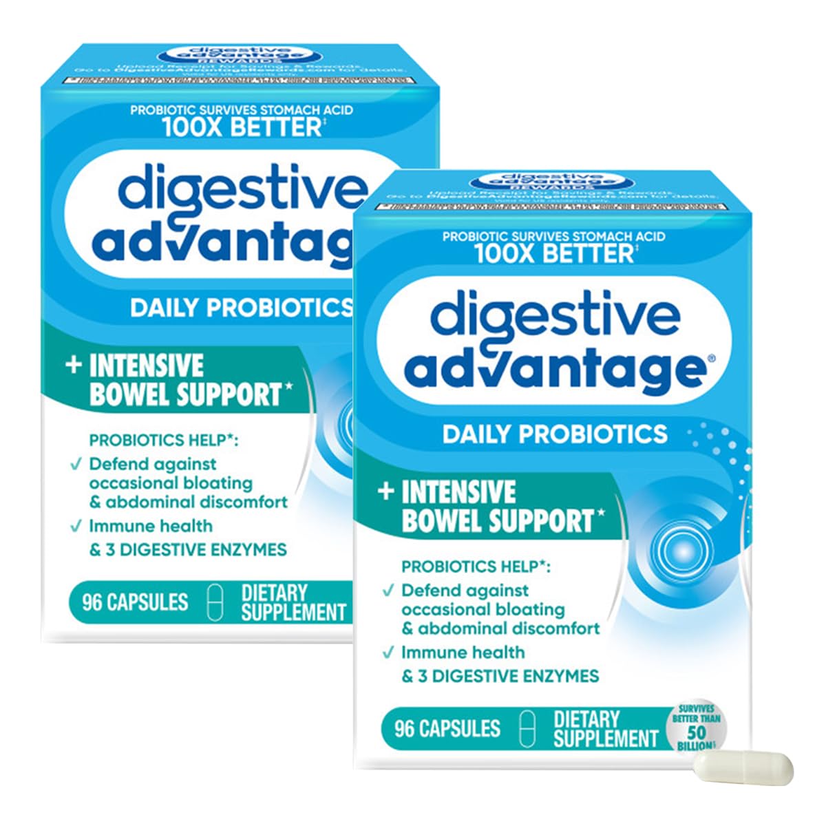 Digestive Advantage frente del envase mostrando presentación y duración