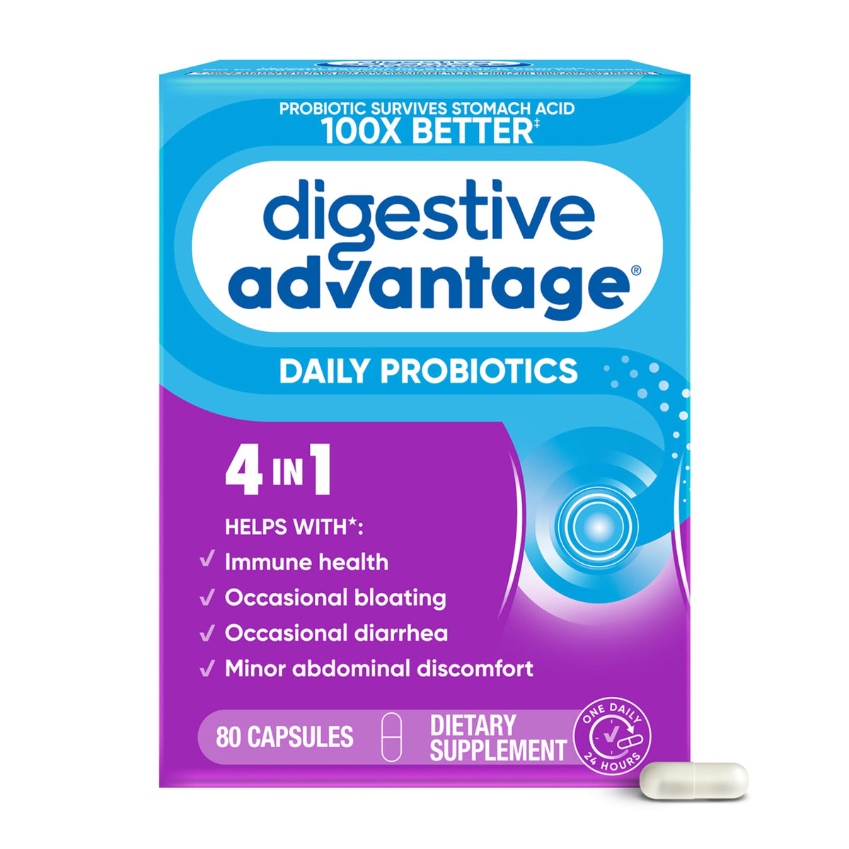 Digestive Advantage frente del envase mostrando 80 cápsulas y beneficios