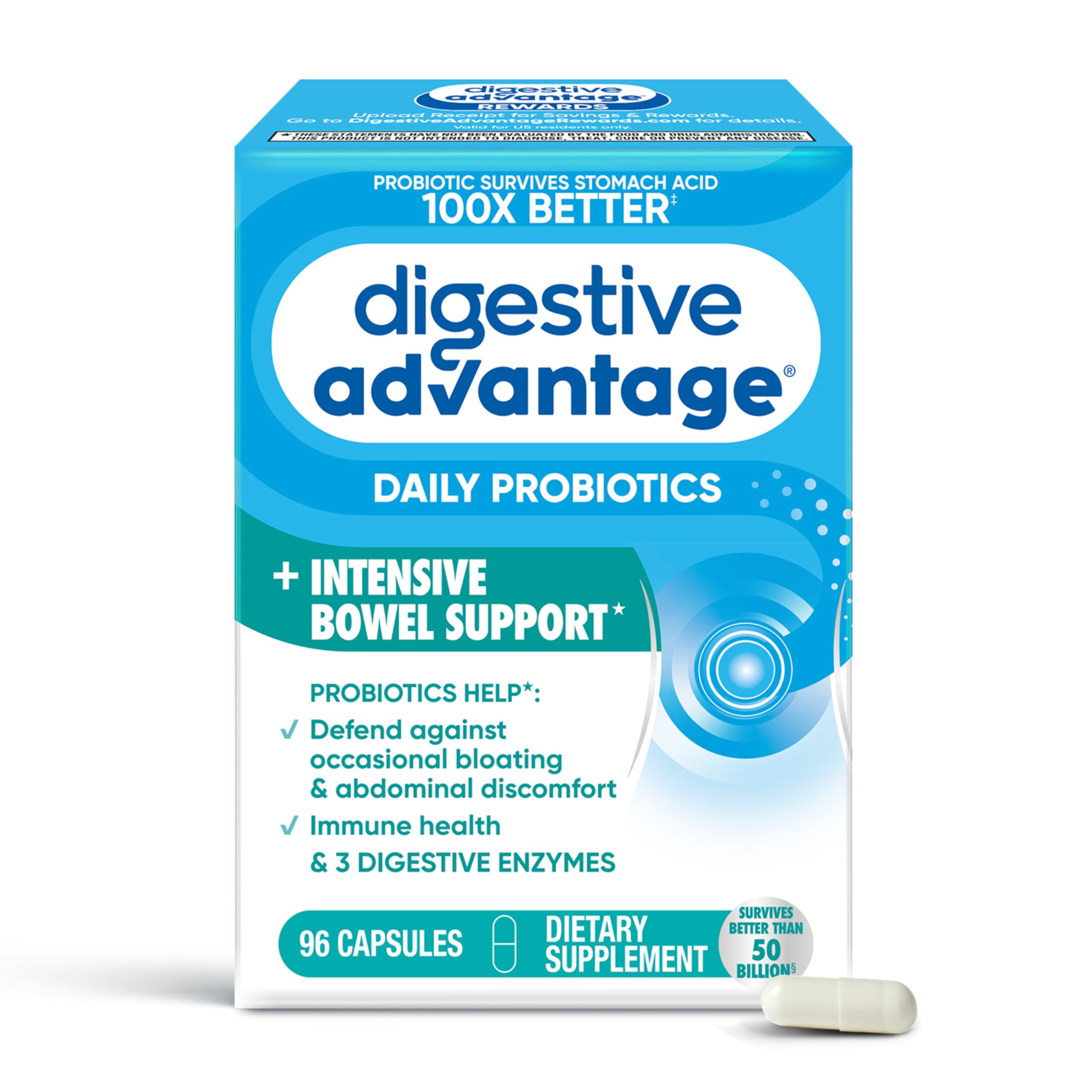 Digestive Advantage frente del frasco que muestra el envase y beneficio de soporte digestivo