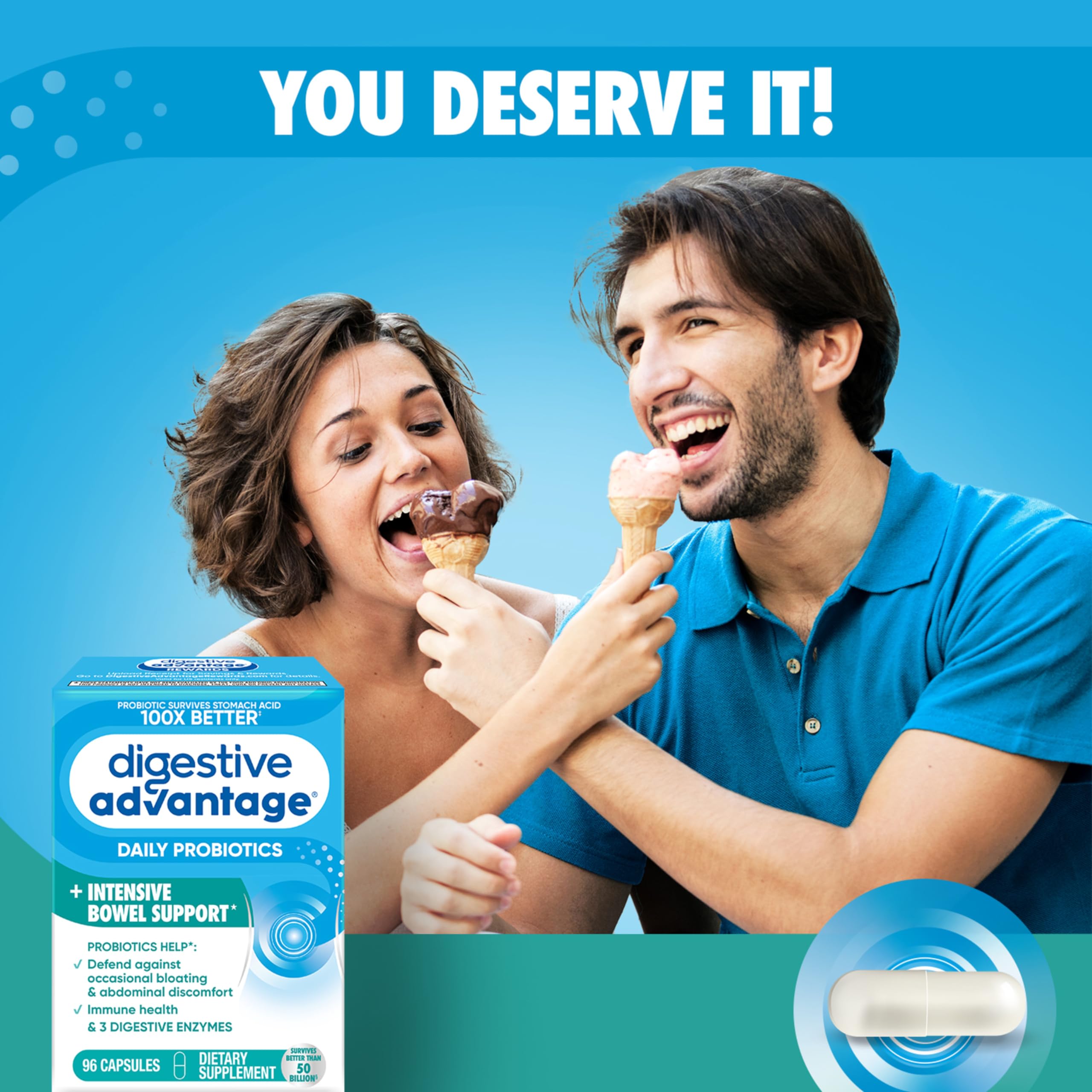 Digestive Advantage cápsula en mano para comparar tamaño y comodidad al tragar