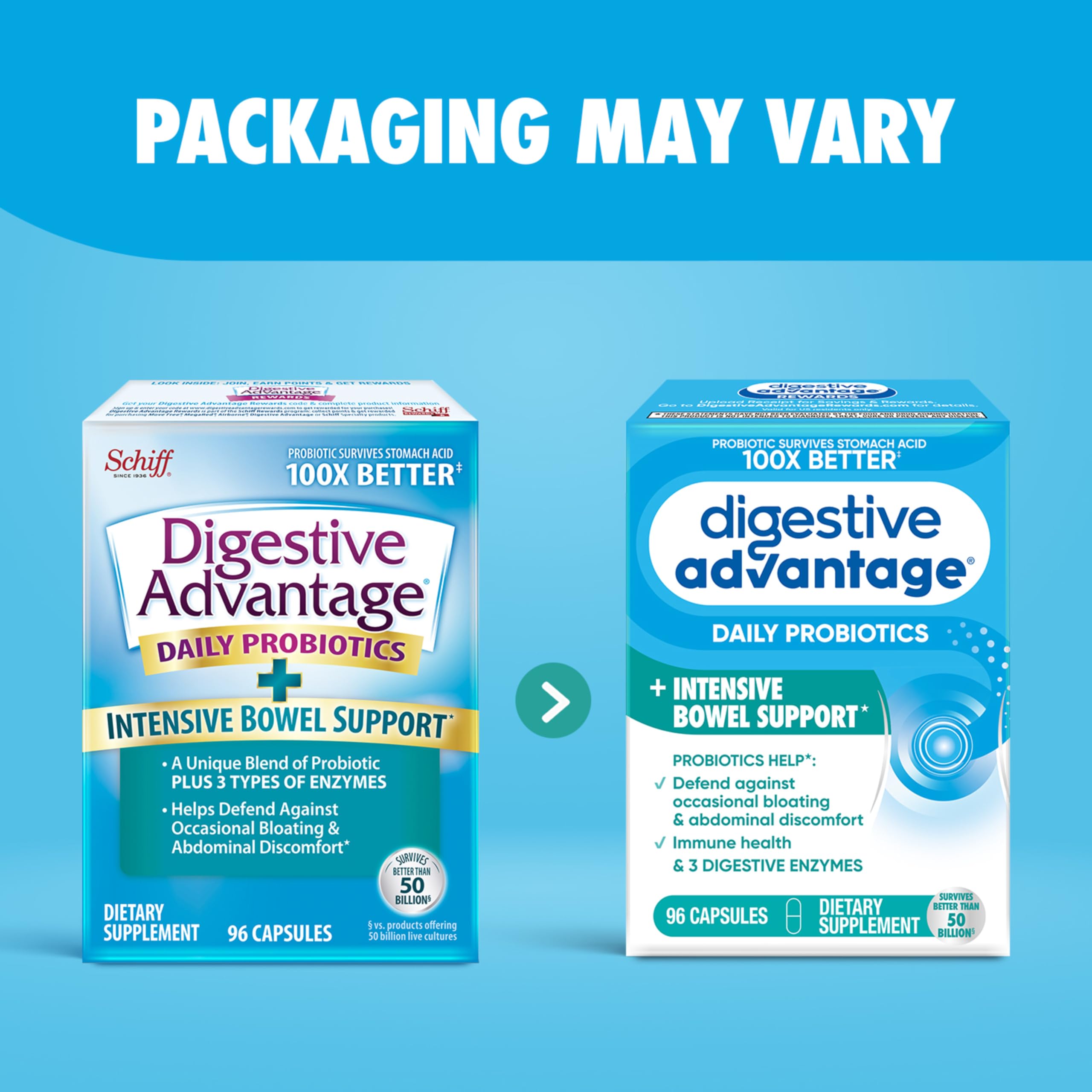 Digestive Advantage frasco junto a un desayuno saludable mostrando uso diario sencillo