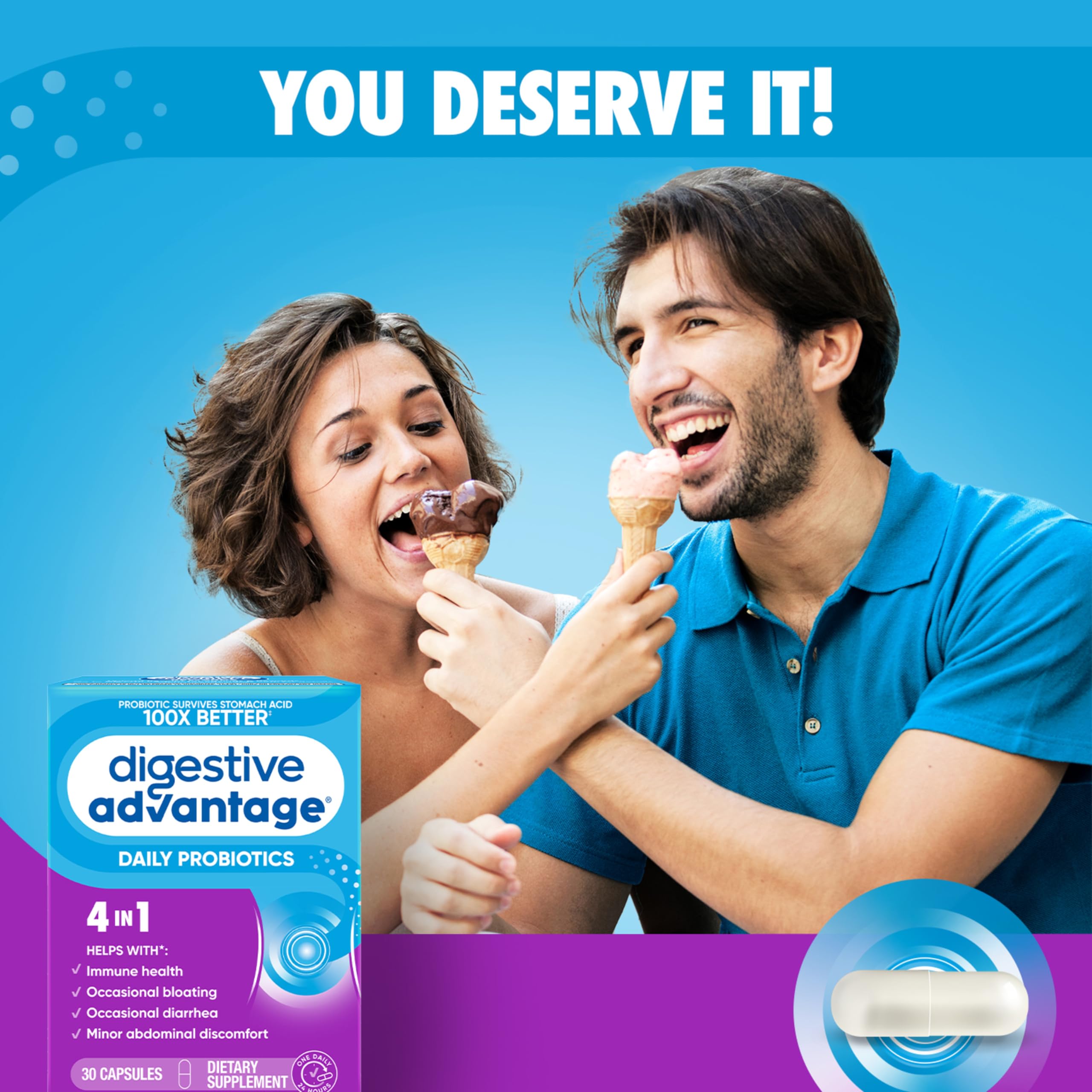 Botella Digestive Advantage junto a desayuno representando toma diaria
