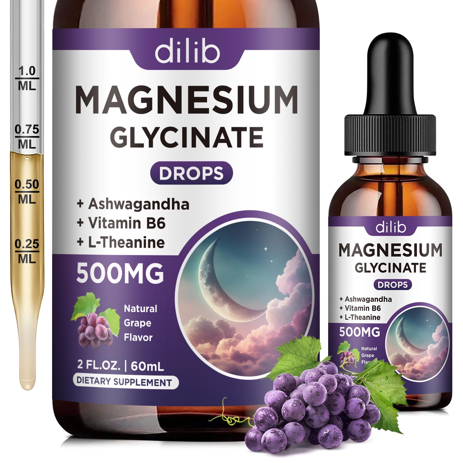 dilib botella frontal de gotas magnesio glicinato, visibilidad clara del envase y beneficio de dosificación