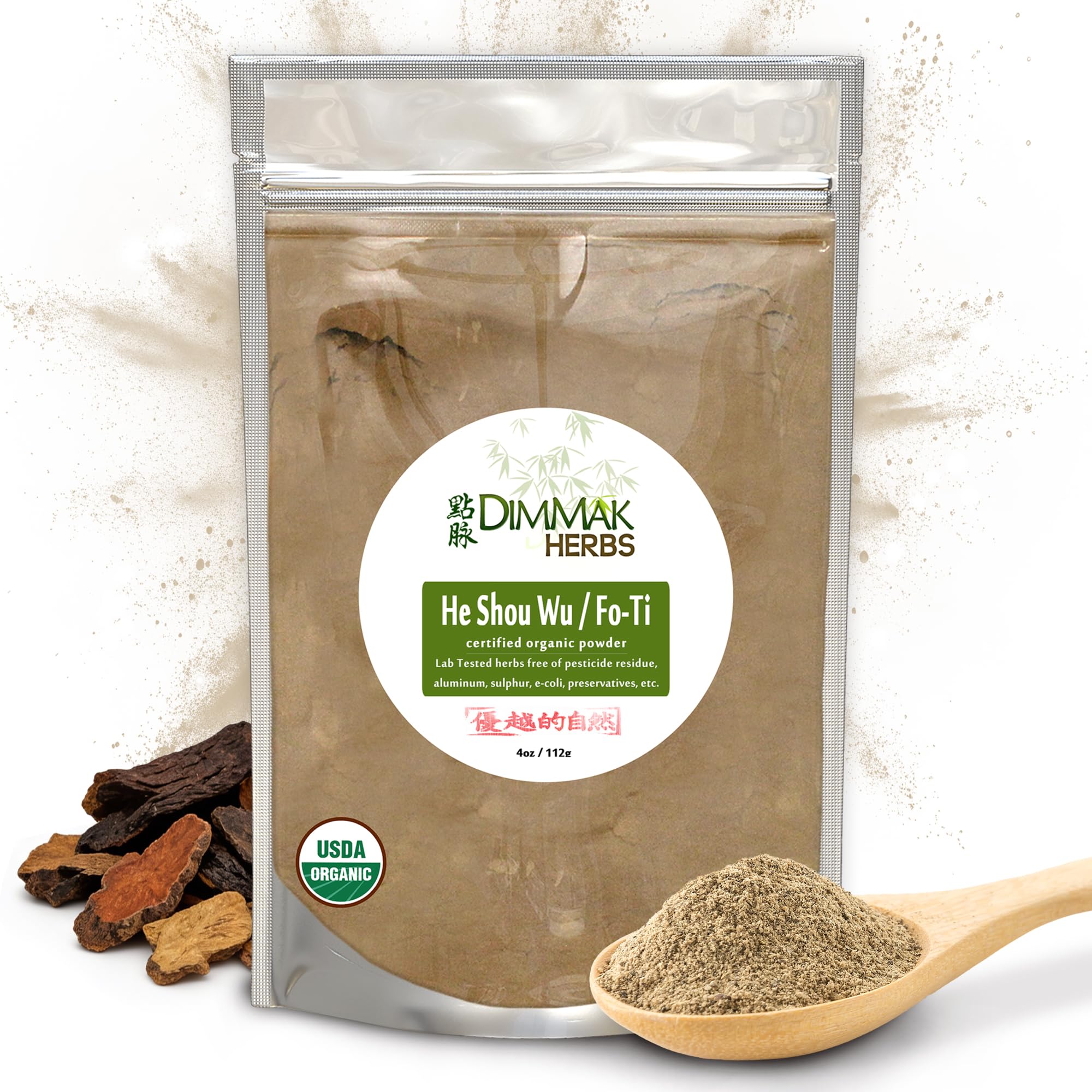 Dimmak Herbs frasco frontal mostrando el polvo y beneficios orgánicos