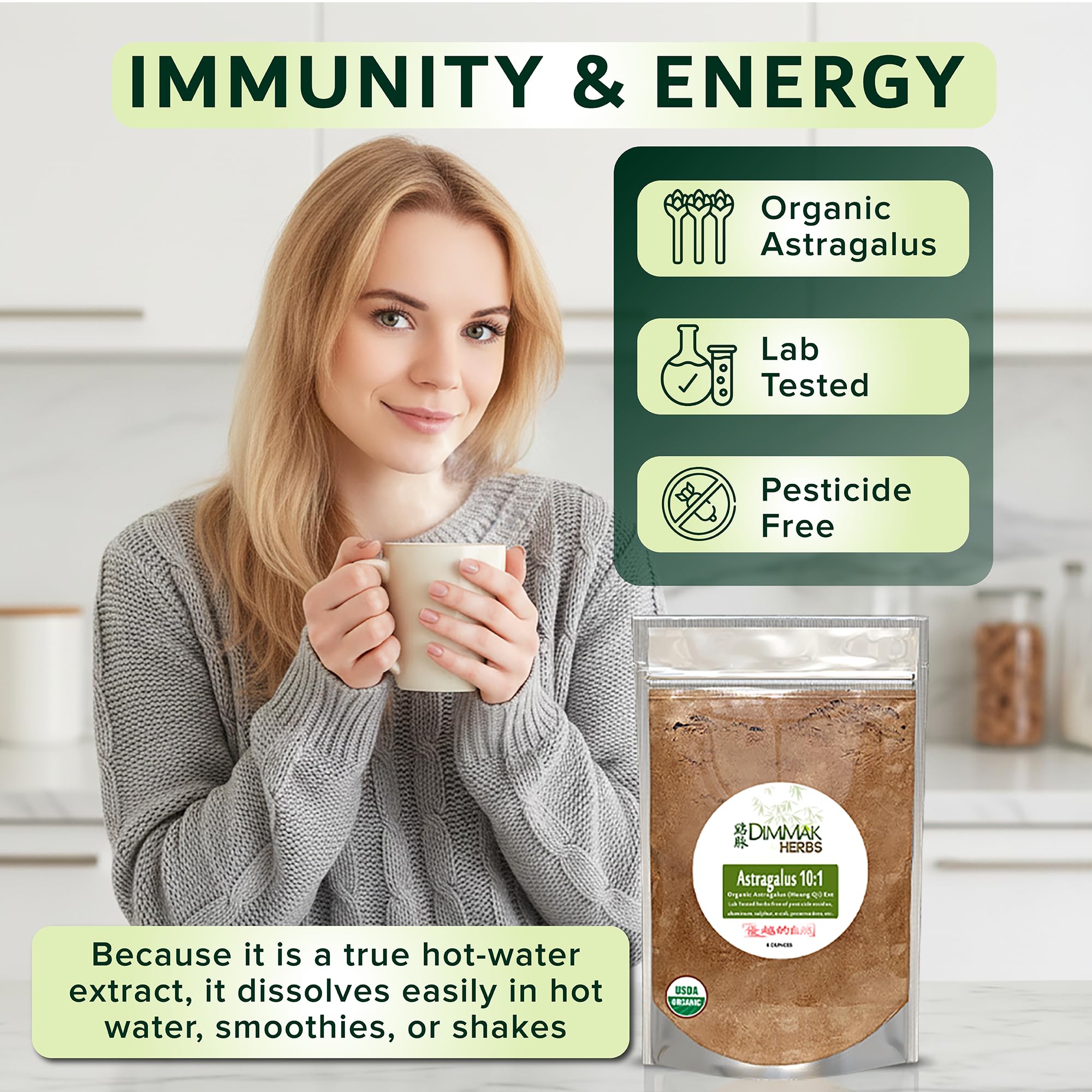 Dimmak Herbs polvo disuelto en taza caliente listo como té instantáneo