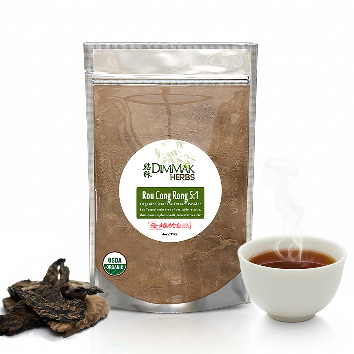 Dimmak Herbs tarro frontal mostrando 4oz y ventaja de extracto orgánico