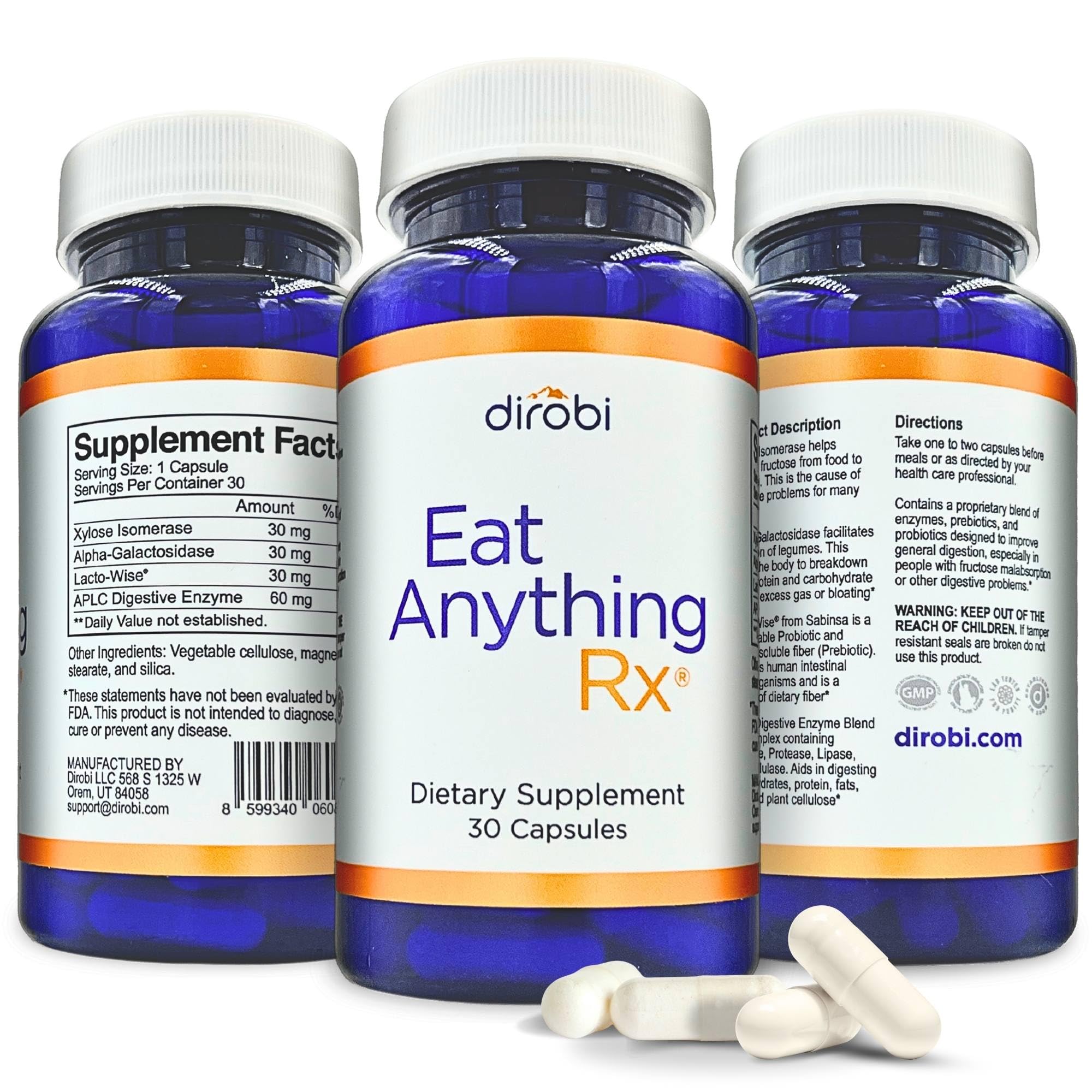 Dirobi envase frontal mostrando Eat Anything Rx y beneficio de digestión antes de comidas