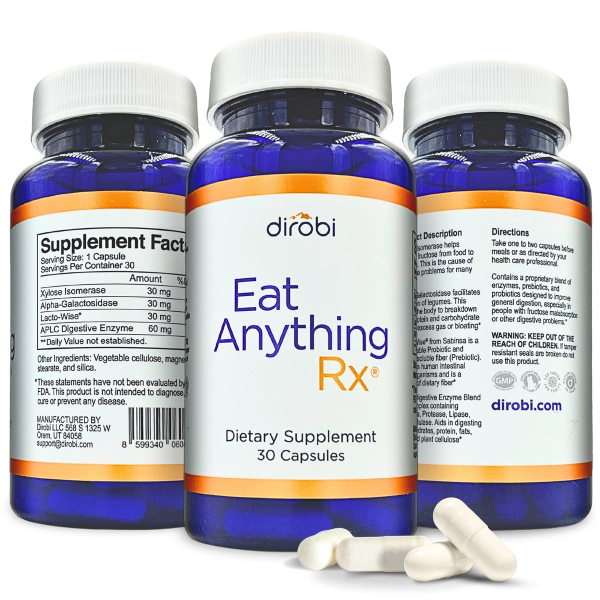 Dirobi envase frontal mostrando Eat Anything Rx y beneficio de digestión antes de comidas