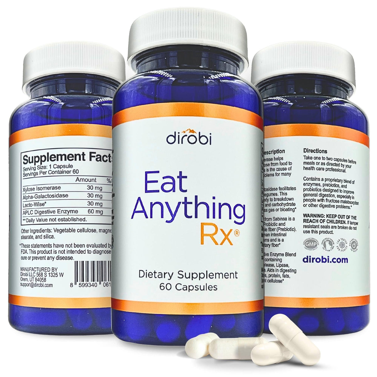 Dirobi Eat Anything Rx frente del empaque mostrando el envase y beneficios