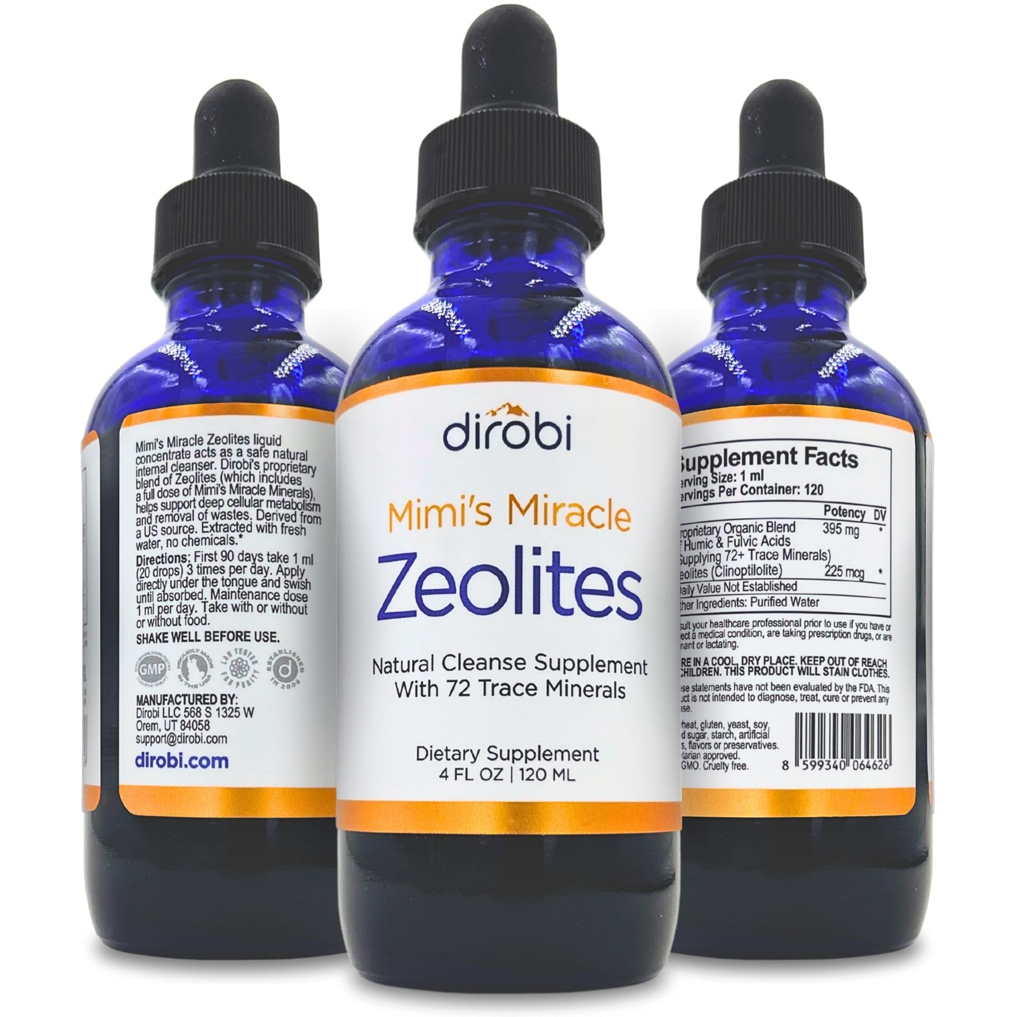 Dirobi Mimi's Miracle Zeolites frasco frontal mostrando diseño y tamaño