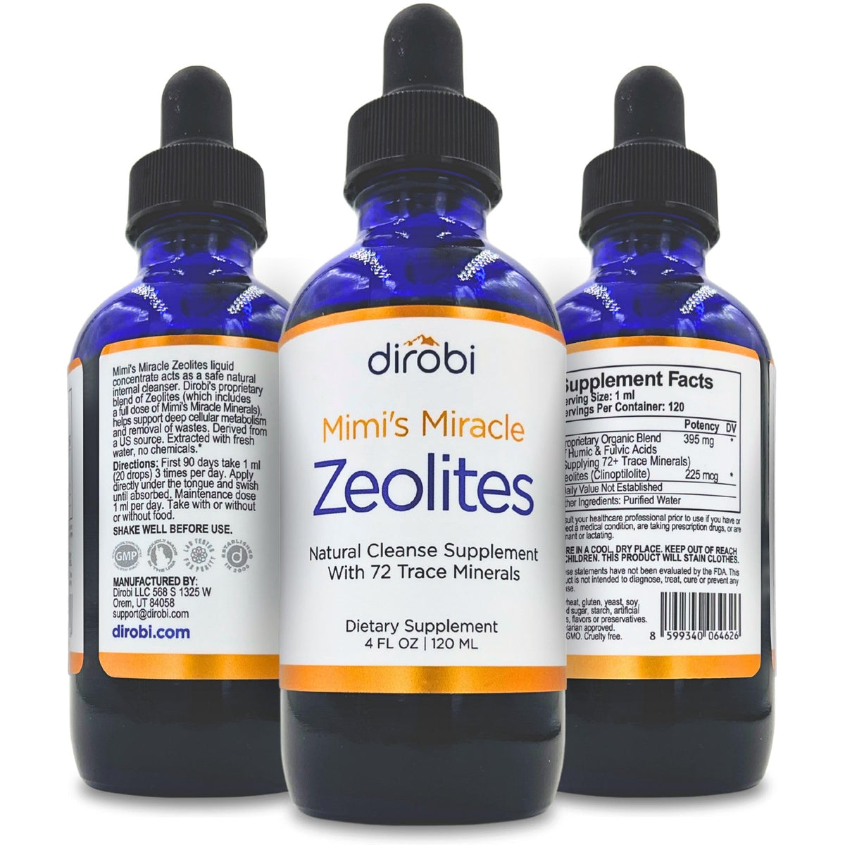 Dirobi Mimi's Miracle Zeolites frasco frontal mostrando diseño y tamaño