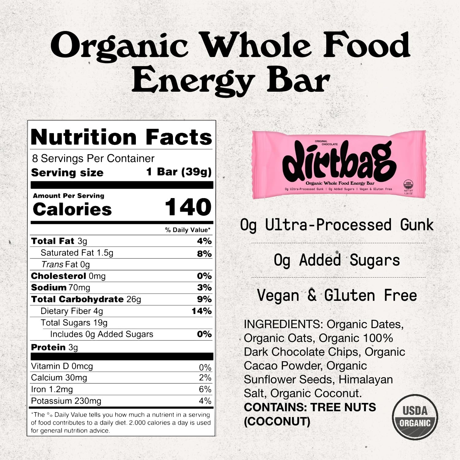 Dirtbag Bar primer plano de textura con avena, semillas y chocolate
