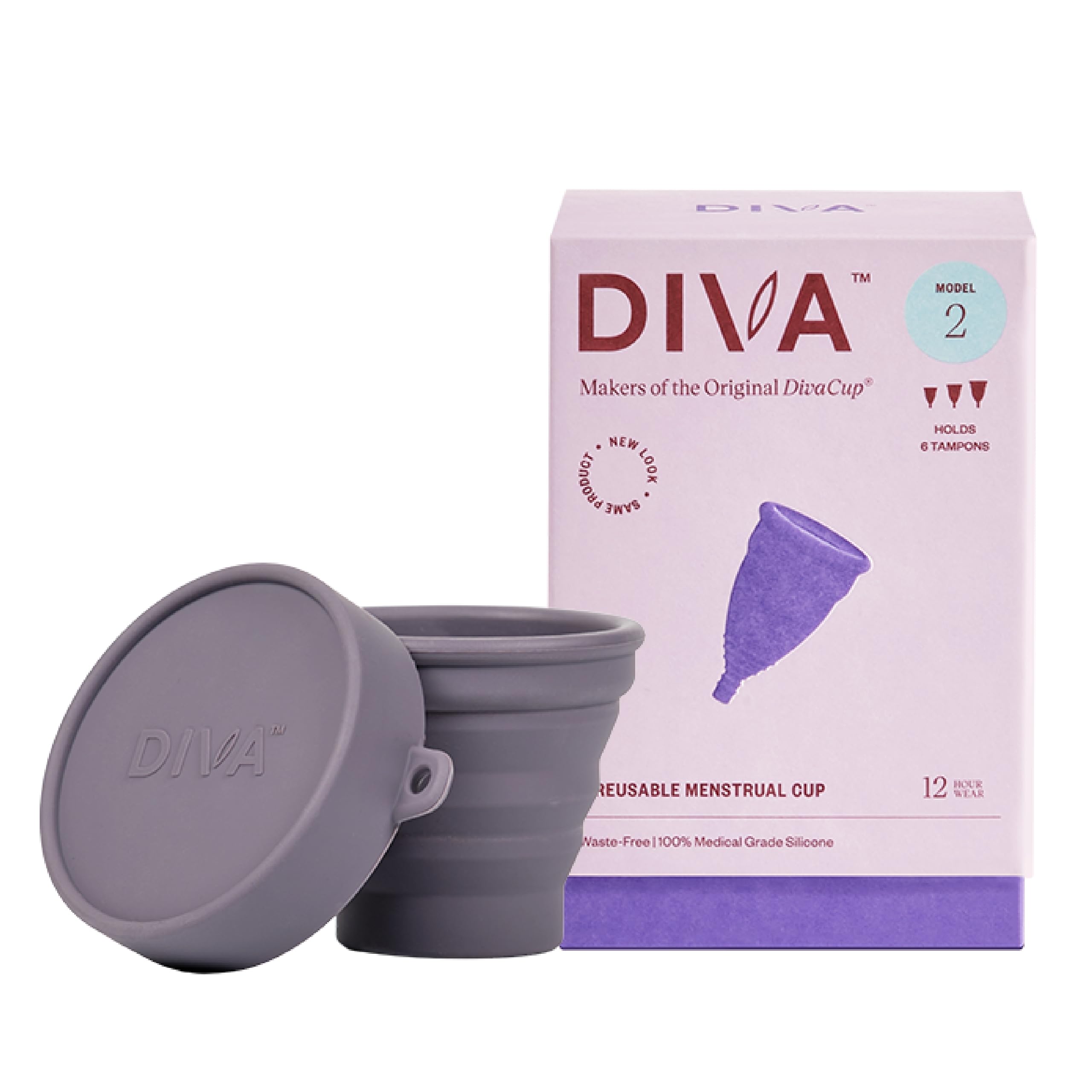 DivaCup modelo 2 frente del envase mostrando tamaño y diseño, comodidad garantizada