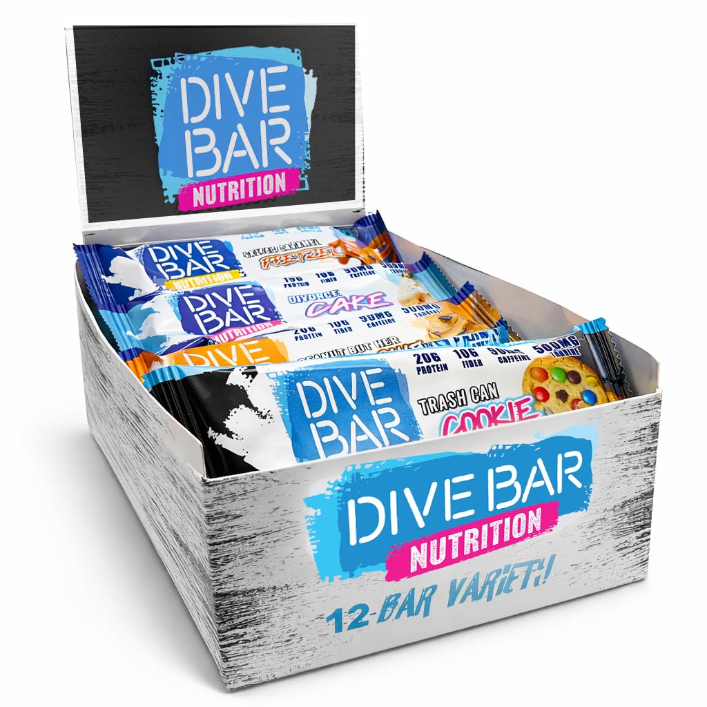 Dive Bar Nutrition empaque frontal mostrando variedad y conveniencia
